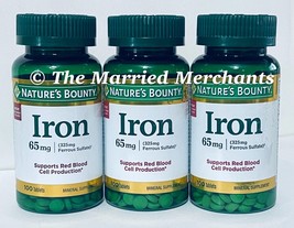 3x Nature&#39;s Bounty Iron 65 mg Iron 325 mg Ferrous Sulfate 100 each 3/202... - $23.99