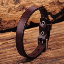 G458 Dark Brown Simply Cool Single Wrap Genuine Leather Bracelet Buckle Cuff Men - £10.92 GBP