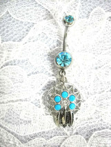 Native Spirit Gem Web Dream Catcher On Turquoise Blue 14g Cz Belly Button Ring - £4.77 GBP