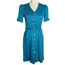 Vintage 70s Leslie Fay Button Down Dress 6 Blue Knit V Neck Belted Union... - £55.00 GBP