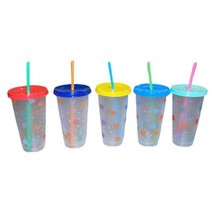 5 Pack Color Changing Heart 24 Oz Reusable Plastic Cold Cup With Straw And Lid - £12.44 GBP