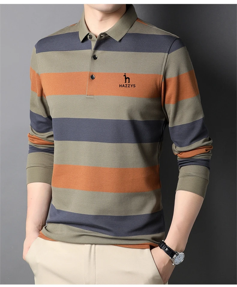 Hot 2023 Hazzys Fashion  Men  T Shirt Cotton Stripe Male Long Sleeve Tops New Ca - £151.68 GBP