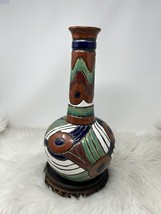 Vintage Mexican Folk Art Long Stem Hand Painted Brown Green Swirls Pottery Vase - £50.28 GBP