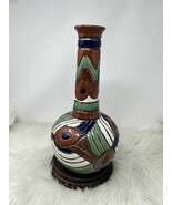 Vintage Mexican Folk Art Long Stem Hand Painted Brown Green Swirls Potte... - $88.84 CAD