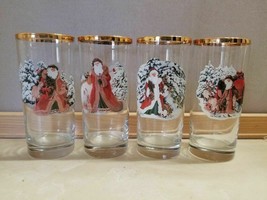 4 Father Christmas Santa Claus Drinking Glasses Tumblers Gold Trim Drinkware Set - £23.36 GBP