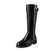 Knee High Boots Women Cow Leather Warm Flats Side Zipper Thick High Heels Motorc - £153.62 GBP