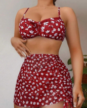 3 Pieces Floral Print Bikini Swimsuit With Beach Skirt Size M - £27.33 GBP