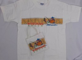 KIDSSZ  SMALL WHITE T-SHIRT WITH CANVAS BAG SET BEAR FISHING WISCONSIN D... - £7.97 GBP