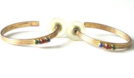 Earrings Vintage Pair Hoops With Stones Red Blue Green Gold Tone Jewelry Pierced - £6.44 GBP