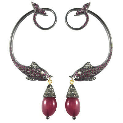 Primary image for Victorian 2.45ct Rose Cut Diamond Ruby Pearl Wedding Fish Style Earrings