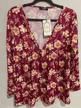 2XL Floral Blouse- Couer de Vague -Red/Yellow Cotton/Poly L/S Womens PLU... - £13.29 GBP