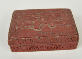 Vintage Cinnabar Lacquered Carved Box Village People Scene Red Brown - £155.77 GBP