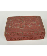 Vintage Cinnabar Lacquered Carved Box Village People Scene Red Brown - £155.02 GBP