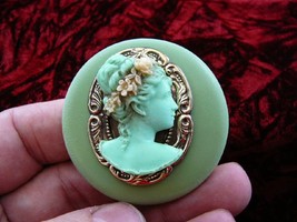 (CL21-6) Woman Crown Of Flowers Green + Mint Cameo Pin Pendant Jewelry Necklace - £30.03 GBP