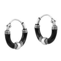 12mm Black Enamel Balinese Silver Ball Hoop Sterling Silver Earrings - £8.84 GBP
