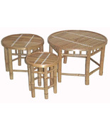 Bamboo Tiki Side Table Patio Deck 3 Piece Round Nesting Stool End Table Set - £92.58 GBP