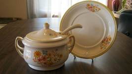Yellow Flower Pattern Soup Pot with Ladle and Matching Plate - $65.00