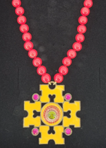 Heidi Daus Maltese Cross Necklace Orange Yellow Red Beaded M Enameled New w/ Box - £151.07 GBP