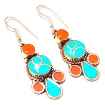 Tibetan Turquoise Coral Handmade Bohemian Jewelry Earrings Nepali 1.80&quot; SA 2102 - £7.18 GBP