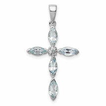 Silver Rhodium Aqua &amp; Diamond Cross Pendant QDX884 - £67.45 GBP