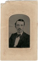 Tintype Photo - Young Man Rosy Cheeks Mustache Bow Tie, Paper Holder 1860 - 1880 - £6.85 GBP