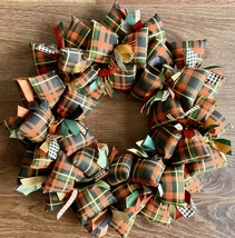 Orange Black Green Gold Plaid Fabric Fall Season Door or Wall Wreath Decor - £45.90 GBP