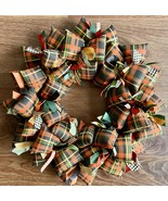 Orange Black Green Gold Plaid Fabric Fall Season Door or Wall Wreath Decor - $61.00