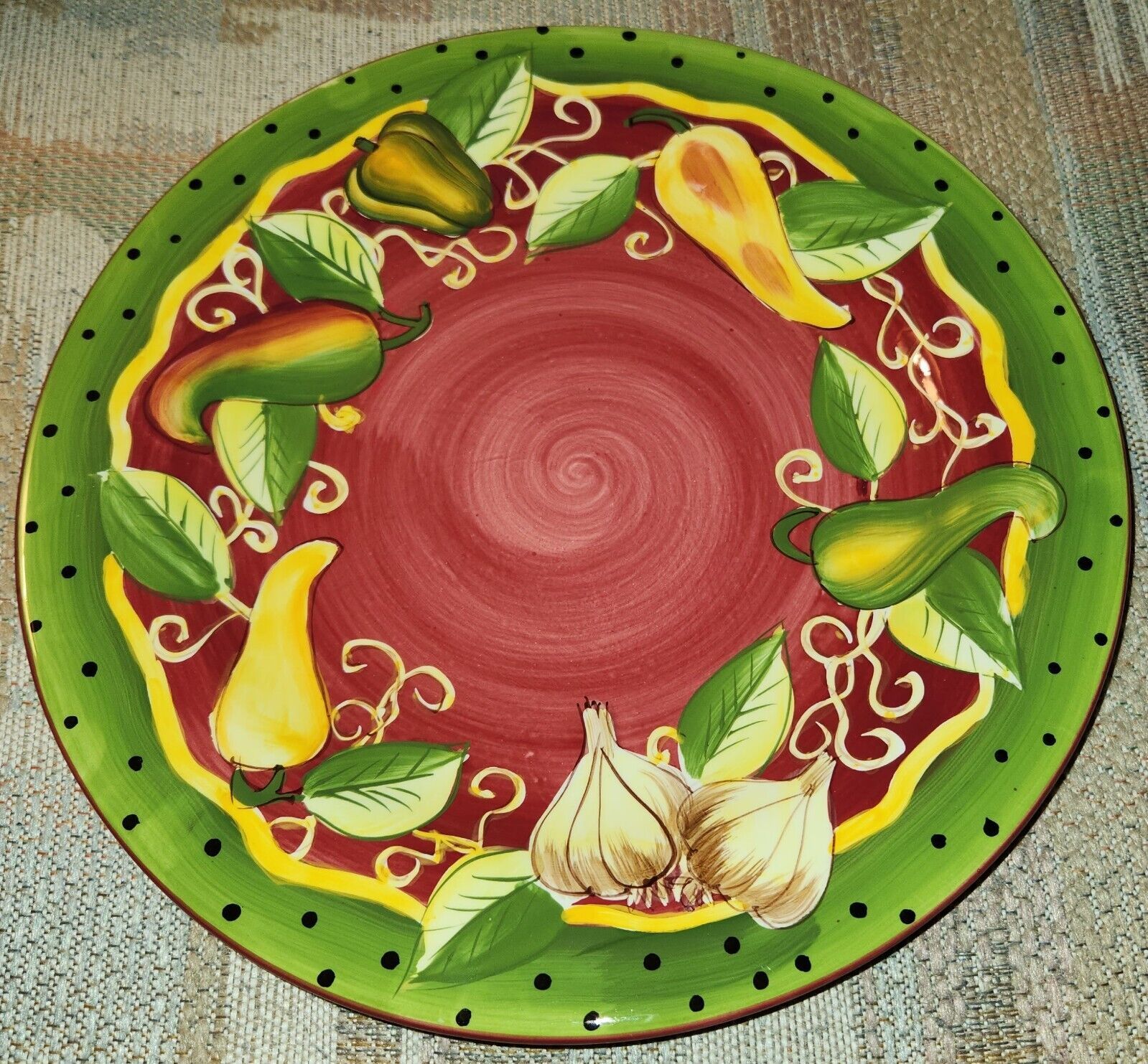 Gates Ware by Laurie Gates 12&quot; Red Dinner Plate Polka Dots Peppers &amp; Veg - $14.00