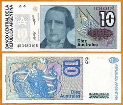 ARGENTINA ND (1985-1989) UNC 10 Australs Banknote Paper Money Bill, P-325b - £1.21 GBP