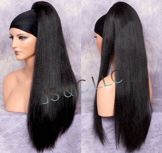 28&quot; Black Human hair Blend Textured Straight Ponytail Hair piece Extensi... - $49.95