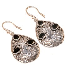 Black Onyx Pear Cut Gemstone 925 Silver Overlay Handmade Filigree Drop Earrings - £9.73 GBP