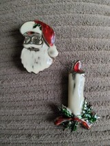 Vintage Gold Tone Enamel Christmas CANDLESTICK Candle Stick &amp; Santa Broo... - $14.85