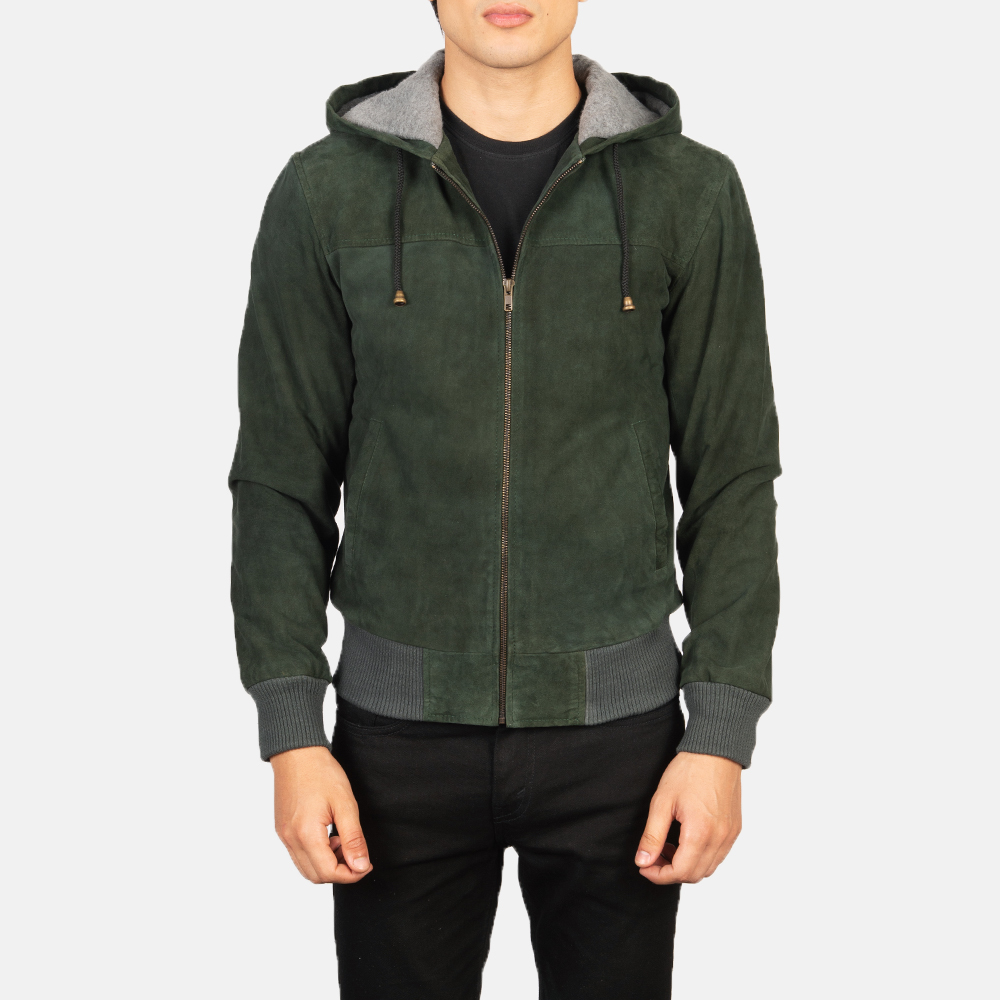 LE Nintenzo Green Suede Hooded Leather Bomber Jacket