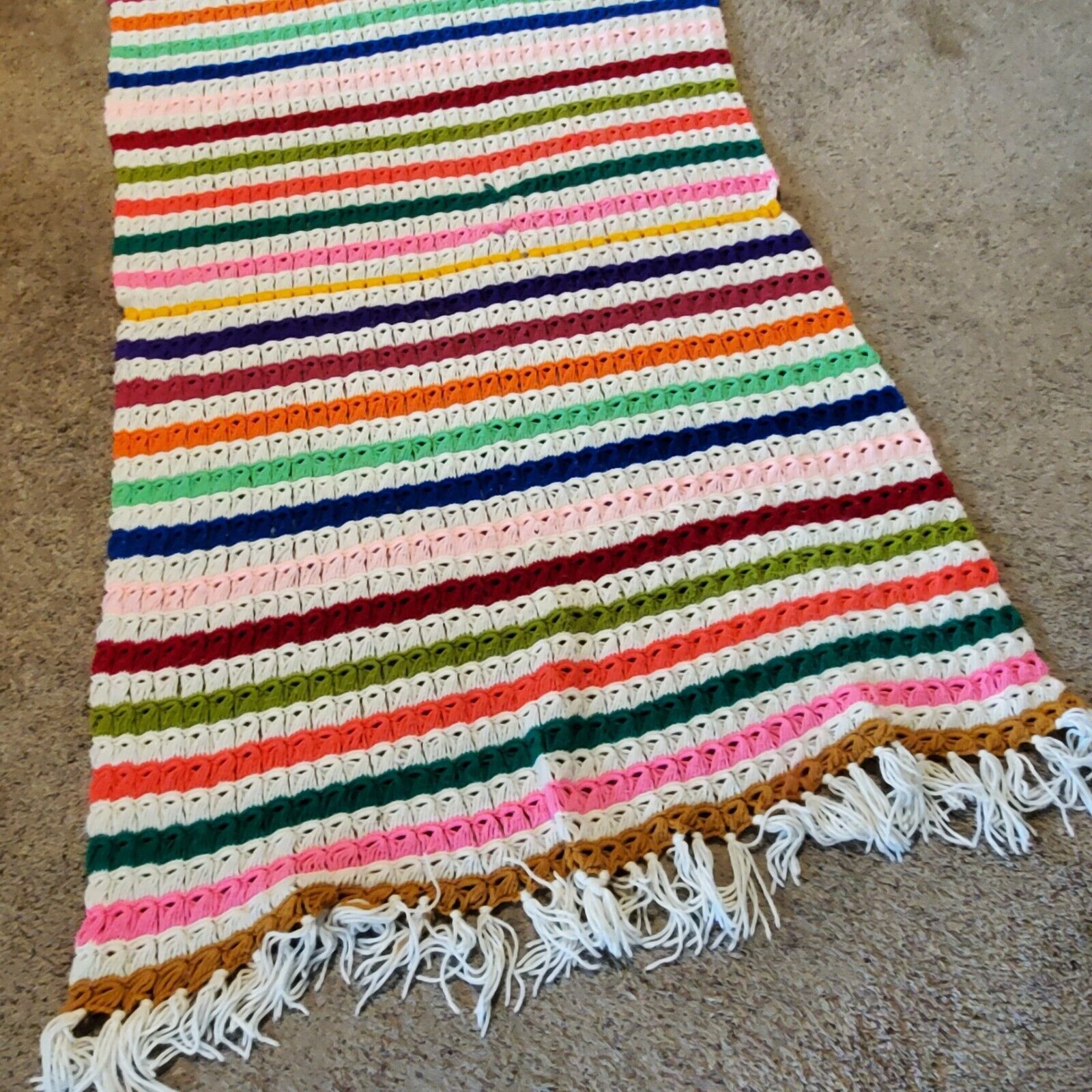 Vintage Hand Crochet Cable Stitch Afghan Wrap Throw 42x70" + Fringe Multicolor Item image 2