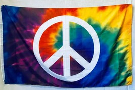 Tie Dye Peace Sign Rainbow Swirl Colors LGBT Good Vibes 3X5 Flag Rough Tex® 100D - £15.09 GBP