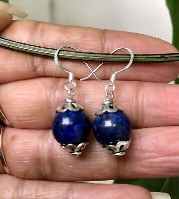 925 Sterling Silver + 10 mm Rnd Beads Original Lapis Lazuli Earrings Ene... - $12.99