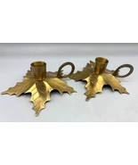 Vtg Pair Brass Leaf Shaped Candle Holders Loop Handles - $324.25 MXN