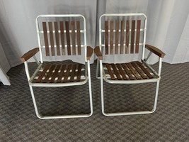 Vintage Aluminum REDWOOD LAWN CHAIR PAIR Folding pool beach patio mid ce... - $123.96 CAD