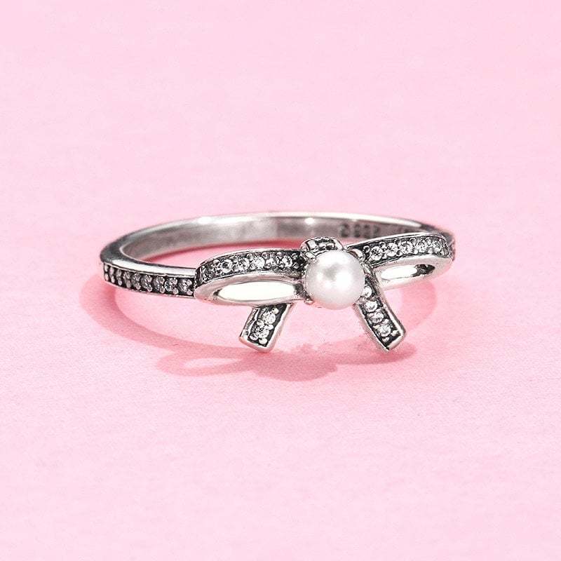 925 Sterling Silver Delicate Sentiments Pearl Ring With Clear CZ Engagement Ring