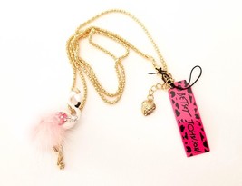 Betsey Johnson White Flamingo Bird Pendant Necklace Gold Chain Crystals Fur NEW - £19.61 GBP