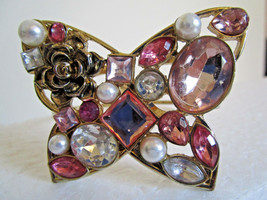 Pink Rhinestone Pearl Cuff Butterfly Bracelet Hinged Bangle Gold Tone Metal Rose - £6.38 GBP