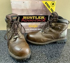 Brown Leather Steel Toe Work Boots Men 11 Wrangler Rustler Advantage Nelson - £27.61 GBP
