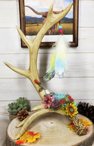 Rustic Buck Deer Antler With Flowers And Feathers Jewelry Tree Or Decor Figurine - £39.95 GBP