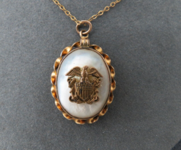 WWII Sweetheart Locket Pendant Necklace Signed PR. ST CO. MOP Gold Filled Eagle - £39.07 GBP