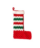 Vintage Handmade Christmas Stocking Used Crochet Red Green 70s - £9.34 GBP