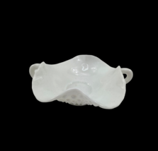 Vintage FENTON Hobnail Milk Glass Ruffled Edge Double Handle Candy Dish - $10.87
