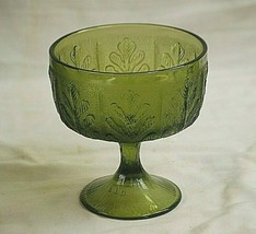 Vintage Avocado Green Glass Oak Leaf Designs Footed Bowl Compote Dish FTD 1975 b - £21.01 GBP