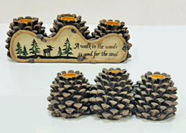 Pine Cone Candle Holder 3 Taper Resin w/ Woodland Scene and Inspirational Verse - £18.08 GBP