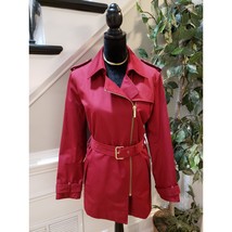 Michael Michael Kors Red Trench Coat Women Large Belted Zip Jacket Cotto... - $123.75