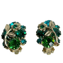 Vintage Weiss Blue Green Rhinestone Glass Floral Flower Clip on Earrings - £50.76 GBP